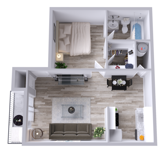 a 3d rendering of a two bedroom apartment at The Orbit Apartments