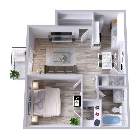 a 3d rendering of a two bedroom apartment at The Orbit Apartments