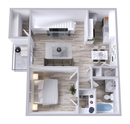 a 3d rendering of a two bedroom apartment at The Orbit Apartments