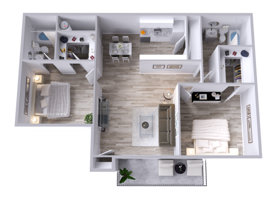 a 3d rendering of a two bedroom apartment at The Orbit Apartments
